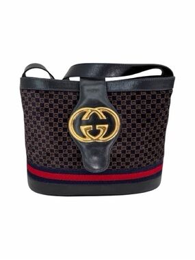 Gucci Navy Suede GG Monogram Web Stripe Shoulder Bag - Vintage